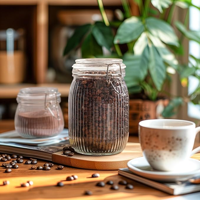 ComSaf Airtight Glass jar with lid 37oz Set of 3, Glass Storage Containers with Lids, Glass Canisters, Striped Clip Fastening Jar for Kitchen Canning, Tea, Pasta, Sugar, Beans, Cookie, Jam, Oat-NeatNest