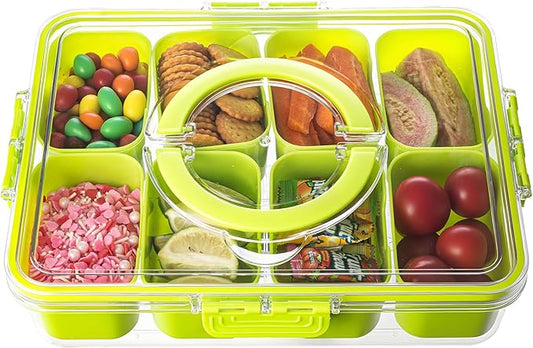 Divided Serving Tray with Lid and Handle - Snackle Box Charcuterie Container for Portable Snack Platters Organizer for Candy, Fruits, Nuts, Snacks - Perfect for Party, Entertaining, Green-NeatNest