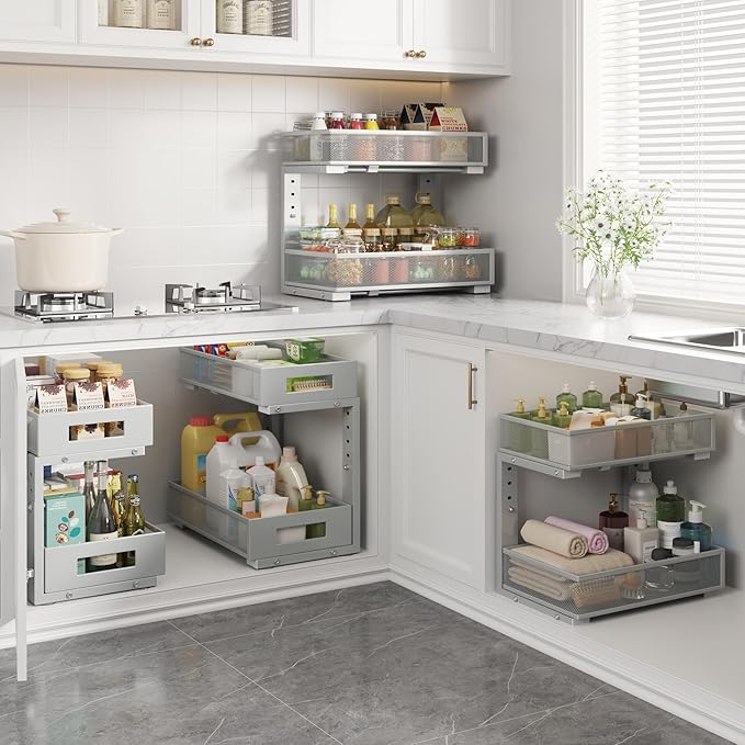 2-Pack Under Sink Organizers And Storage,Large Capacity 2-Tier Pull-Out Cabinet Organizer With Upgraded Tube Rails,Adjustable Height Sliding Drawers,Sturdy Mesh Shelves For Kitchen&Bathroom-Grey-NeatNest