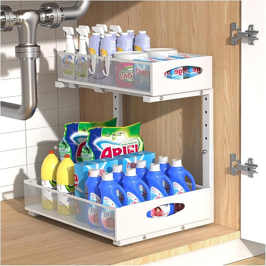 1 Pack Large Under Sink Organizer, 2 Tier Metal Pull Out Under Sink Storage with Sliding Mesh Drawers, Height Adjustable Slide Out Under Cabinet Organizer for Kitchen Bathroom, White-NeatNest