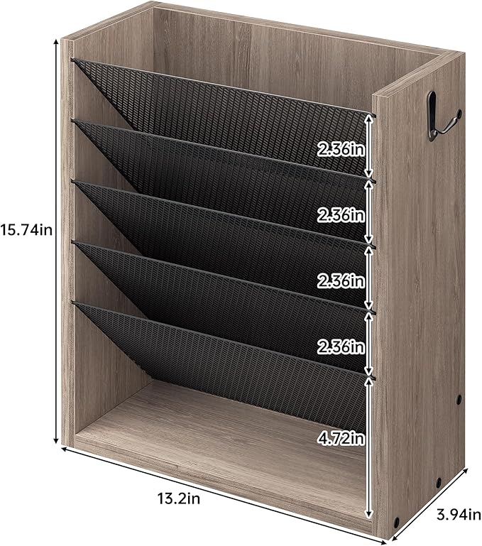 Hanging Wall File Organizer, 6 Tier Wood Wall File Holder with 2 Hooks, Mail Organizer Wall Mounted with Bottom Flat Tray, Vertical Paper Desk Storage for Office, Home, Greige