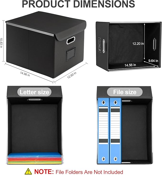 File Organizer Box, Linen Filing Organizer with Lid, Large Desktop File Boxes, Black,2 Pack