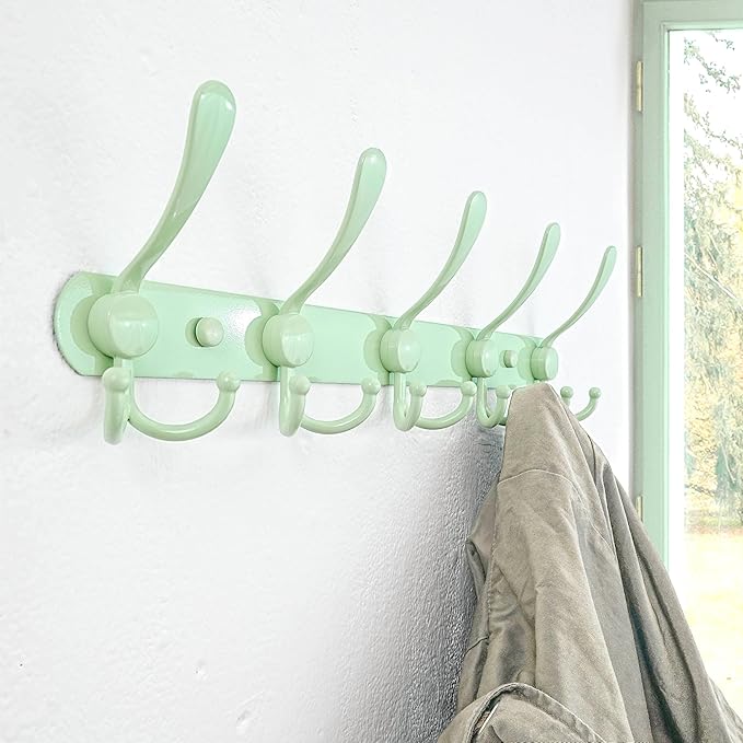Dseap Coat Rack Wall Mounted - 5 Tri Hooks, Heavy Duty, Stainless Steel, Metal Coat Hook Rail for Coat Hat Towel Purse Robes Mudroom Bathroom Entryway, Green-NeatNest