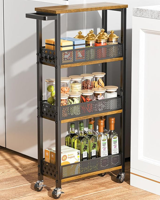 Giwil 4-Tier Slim Rolling Storage Cart for Kitchen Bathroom Organizer, Mobile Narrow Storage Cabinet Utility Cart with Wood Rack on Wheels for Pantry Laundry Small Space