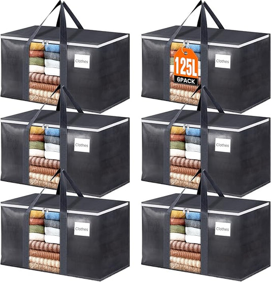 HomeHacks 6 Pack Extra Large Moving Bags with Visual PVC Window & Zippers, Storage Totes with Reinforced Handles, Heavy Duty Storage Bags for Packing, Moving, Storage (125L,Grey)