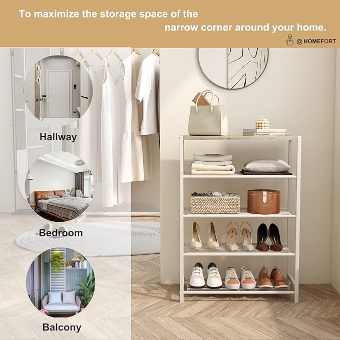 HOMEFORT 5-Tier Shoe Rack, Storage Shelf, Industrial Tower, Narrow Organizer for Closet Entryway, Small Table With Durable Metal Shelves, White Oak-NeatNest