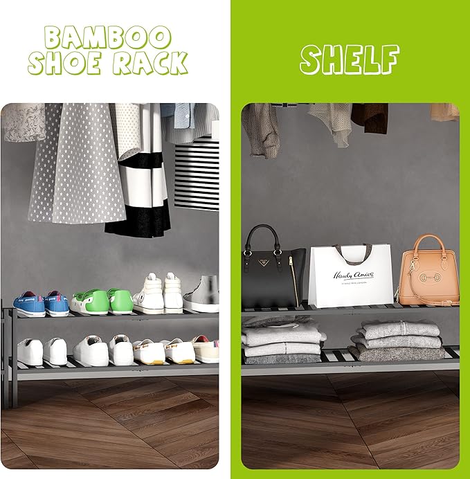 BMOSU 2-Tier Bamboo Extended Shoe Rack Premium Stackable Shoe Shelf Storage Organizer for Hallway Closet Living Room Entryway Organizer (Black Bamboo)-NeatNest