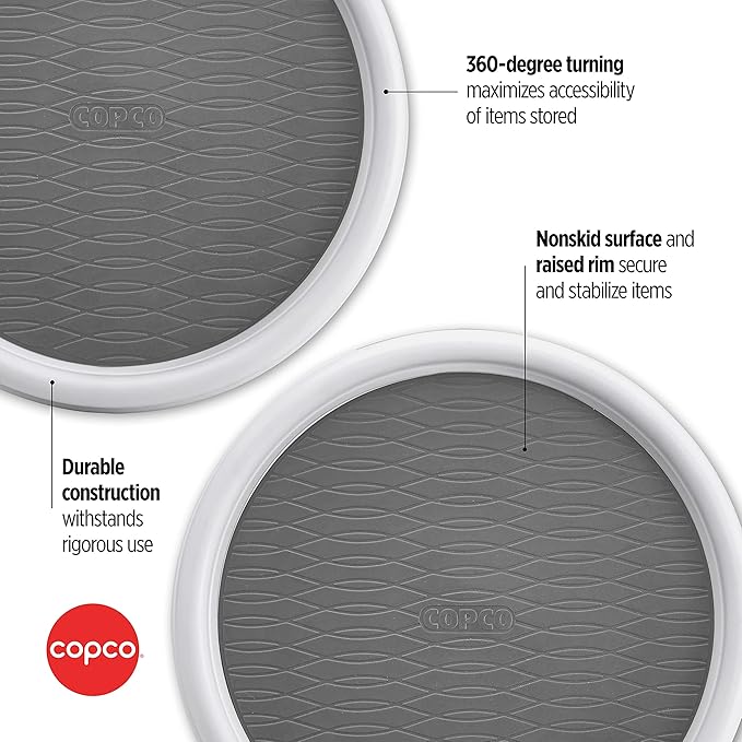 Copco 9 Inch Non Skid Pantry Cabinet Lazy Susan Turntable, Set of 2, Spinning Organizer for Kitchen, Countertop, or Bathroom, White and Gray-NeatNest
