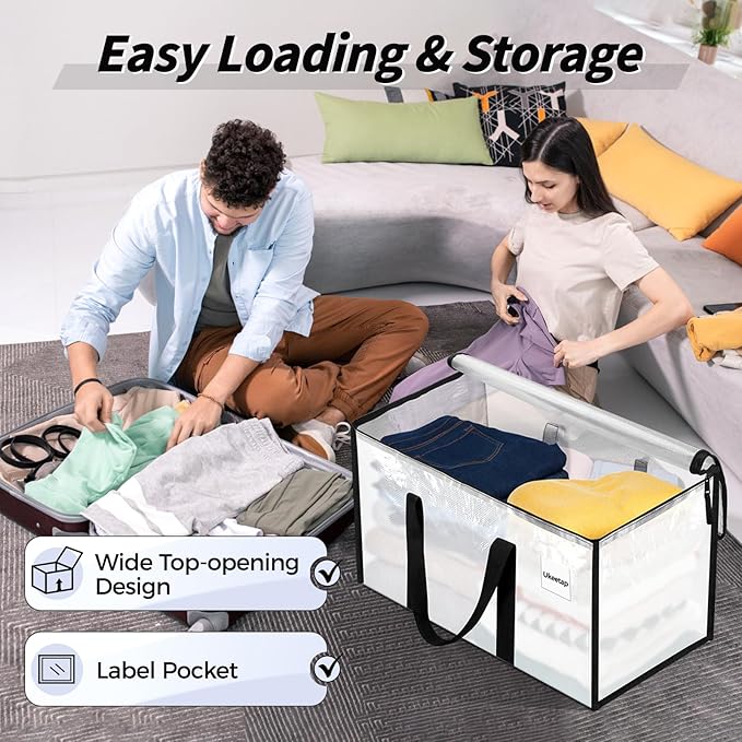 16 Pack Extra Large Heavy Duty Moving Bags, Clear Storage Bins with Lids, Reinforced Handles & Heavy-Duty Zippers Moving Boxes Storage Bags Totes for Clothes Packing, Dorms, College Supplies, Clear