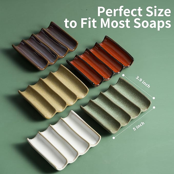 Draining Ceramic Soap Dish - Fluted Design, Bar Soap Holder for Shower & Bathroom, Soap Saver Sponge Lift, Green-NeatNest
