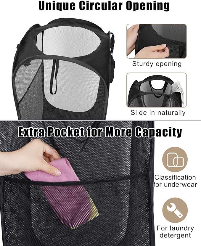 HOUSE AGAIN Mesh Popup Laundry Hamper, [Reinforced] Collapsible Laundry Basket, Foldable Pop Up Hamper with Durable Handles, Easy to Open and Fold for Dorm, Laundry Room, Bedroom, Travel, (Black)-NeatNest