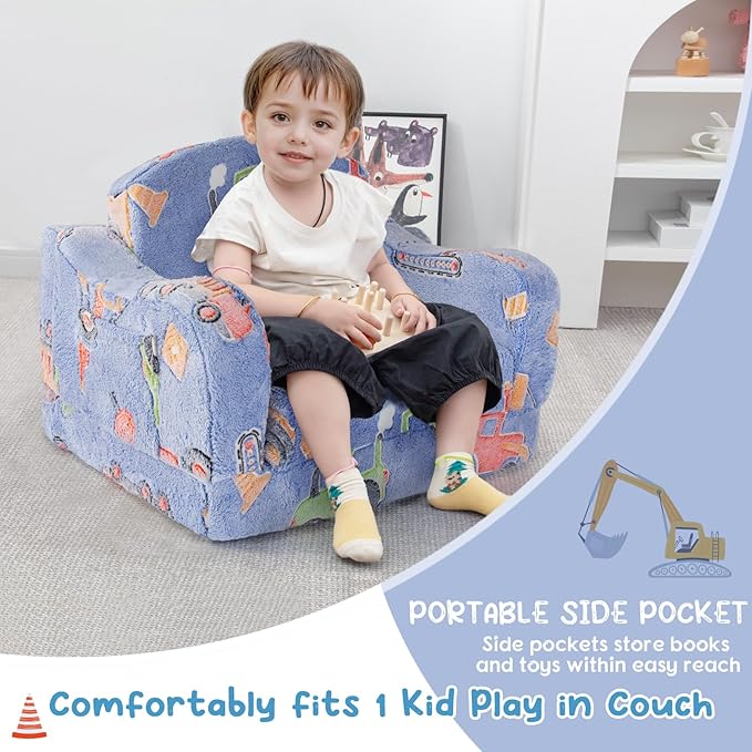 Comfy Toddler Chair and Couch for Kids with Blanket,2-in-1 Soft Plush Fold Out Toddler Couch for Girls and Boys,Convertible Sofa to Lounger for Playroom,Car Excavator-NeatNest