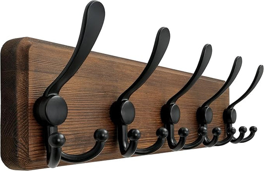 Dseap Coat Rack Wall Mounted - 5 Tri Hooks, Heavy Duty, Wooden Wall Coat Hanger Coat Hook for Clothes Hat Jacket Clothing, Natural & Black