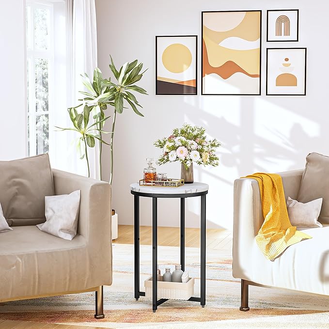 DKLGG Modern Black Side Table Set of 2, Small Coffee Table Round End Table with Black Frame, Faux Marble Bedside Table for Living Room, Bedroom, Small Space, 16" D*24" H