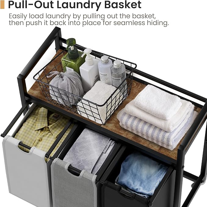 Laundry Hamper, Laundry Basket, Laundry Sorter with 3 Removable Bags, Clothes Basket with 3 Compartments, Wheels, Shelf for Laundry Room Bathroom Bedroom (3 Bags-Black Grey White)-NeatNest