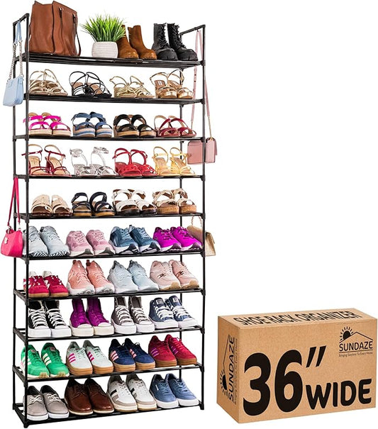 Sundaze Shoe Rack - 10 Tier Metal Shoe Rack for Front Door Entrance, Sturdy Tall Shoe Organizer for Closet, Bedroom, Entryway, Garage, Black Metal Shoe Shelf, Holds Up to 50 Pairs-NeatNest