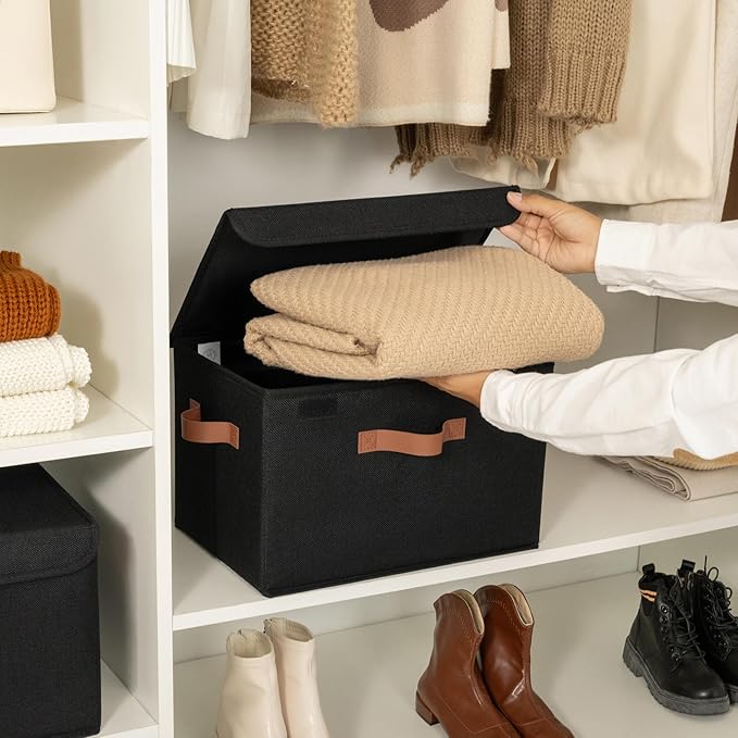 GRANNY SAYS Storage Bins with Lids, Decorative Storage Boxes with PU Handles, Black Storage Bin, Linen Closet Organizer, Shelf Baskets, Fabric Storage Bins for Clothes-NeatNest