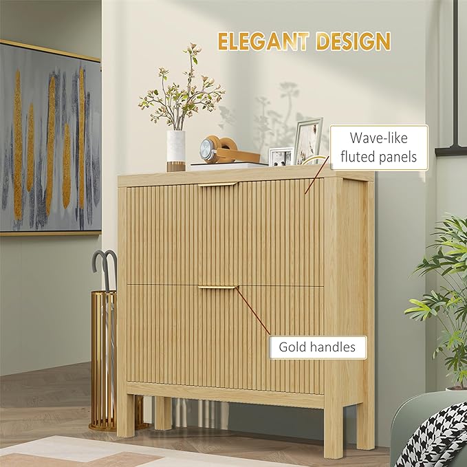 Modern 2-Tier Flip Drawer Shoe Cabinet, Freestanding Hidden Slim Narrow Shoe Rack Cabinet, Wooden Large Capacity Shoe Storage Cabinet Shoe Organizer, for Entryway, Hallway, Natural X2-NeatNest