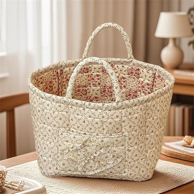 Boho Fabric Storage Basket Quilted Floral Print Baskets Organizer Bin with Handles for Home, Picnic, Shopping (Yellow, L)-NeatNest