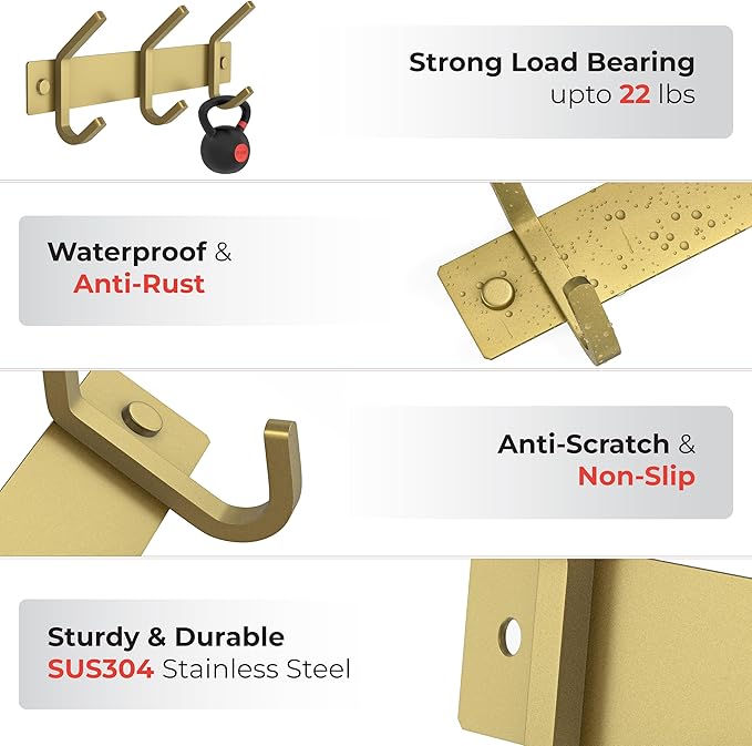 Brushed Gold Small Coat Rack Wall Mount – 9 Inch Stainless Steel Rail with 3 Double Coat Hooks for Entryway, Bathroom, Bedroom, Kitchen – Modern Gold Hook Rack for Coats, Hats, Towels-NeatNest