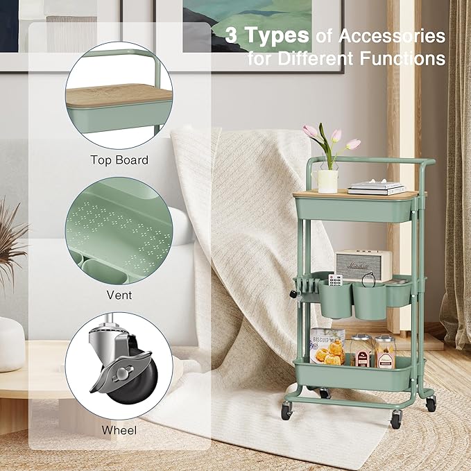 DTK 3 Tier Rolling Utility Cart with Cover Top Board, Movable Kitchen Storage Cart Trolley with Lockable Wheels, Cups, Hooks for Kitchen Bathroom Home Office Art Craft Storage(Turquoise/Green)-NeatNest