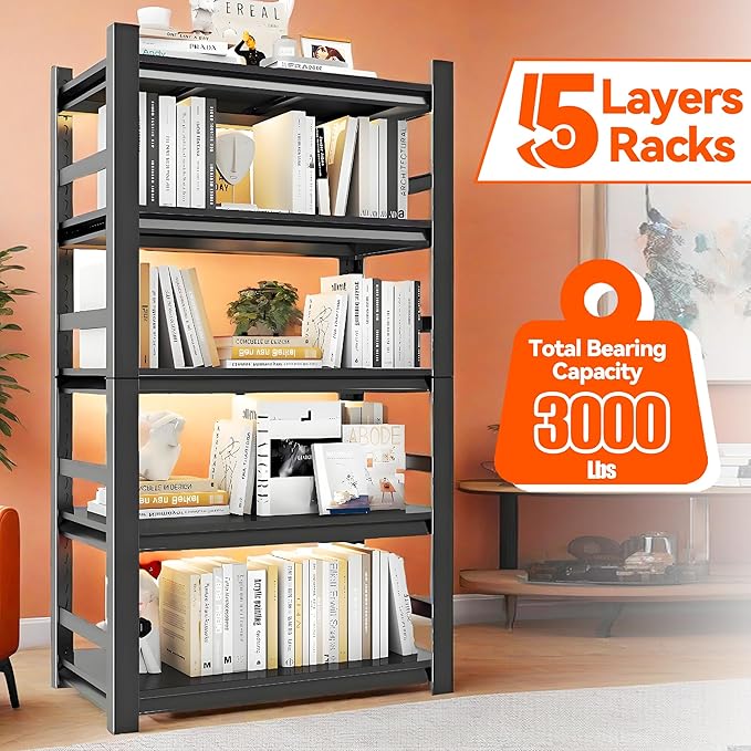 Book Shelf 5 Tier Metal Wide Bookshelves Tall Bookshelf Industrial Bookcase Adjustable Book Shelves For Bedroom/Living Room/Library,Book Shelf Organizer Black (With fence-72"H*15.8"D*35.4"W)-NeatNest