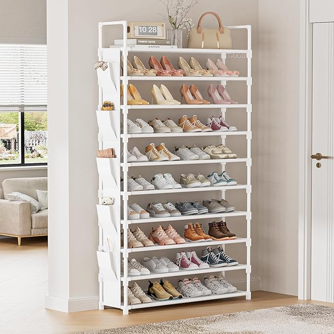 Tall Shoe Rack 10 Tier Shoe Racks Organizer for Closet 40-45Pairs,Large Capacity Storage Rack for Shoes with 5Hooks,Sturdy Metal Shoe Shelf, Vertical Shoe Stand Tower-NeatNest