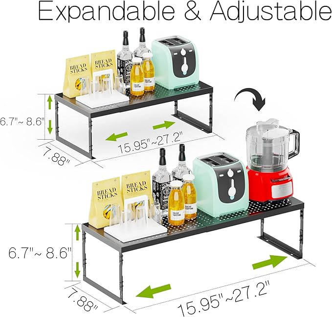 Adjustable Stackable Metal Storage Shelf Organizer - Expandable Wire Rack with Perforations for Kitchen, Pantry, Bathroom, Cabinet & Office-Compact, Durable & Sturdy (1PACK/Medium/Black)