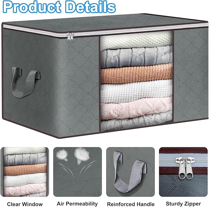 Budding Joy Clothes Storage, Foldable Large Storage Bags, Storage and Organization for Clothing, Blanket, Comforter, Clothes, Pillows, Toys, Closet Organizers with Enhanced Handle, 60L 12 Pack-NeatNest