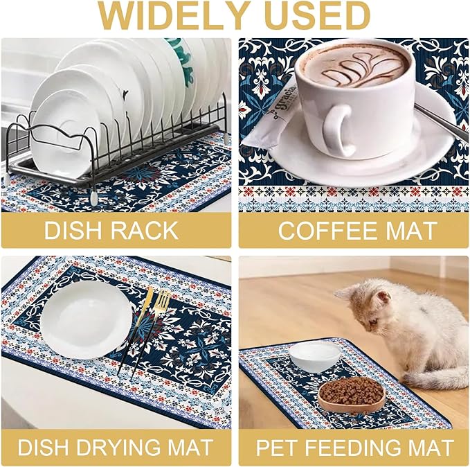 Boho Geometric Rug Dish Drying Mats Super Absorbent Dish Drainer Rack Pad Non-Slip Drying Mat for Kitchen Counter, 20"x12"-NeatNest