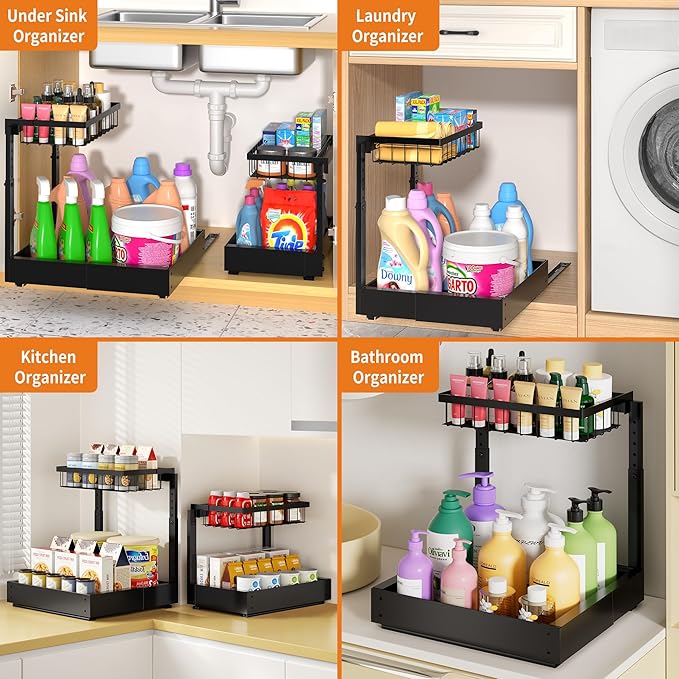 2-Pack Expandable Under Sink Organizers and Storage, 2-Tier Adjustable Pull-Out Cabinet Organizers, Slide-Out Shelves with Width (9.9"-15.7") & Height (11.6"-15.6") for Kitchen & Bathroom-NeatNest