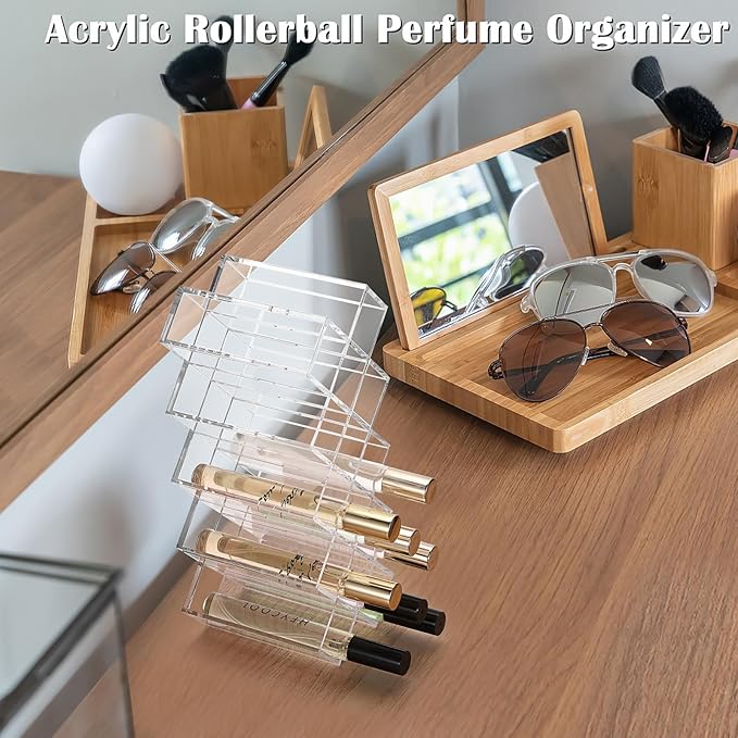 ELLDOO Rollerball Perfume Organizer, 14 Spaces Clear Acrylic Perfume Storage Holder Beauty Scent Holder, Stackable Makeup Lipgloss Lipstick Display Case Lip Gloss Storage Stand-NeatNest