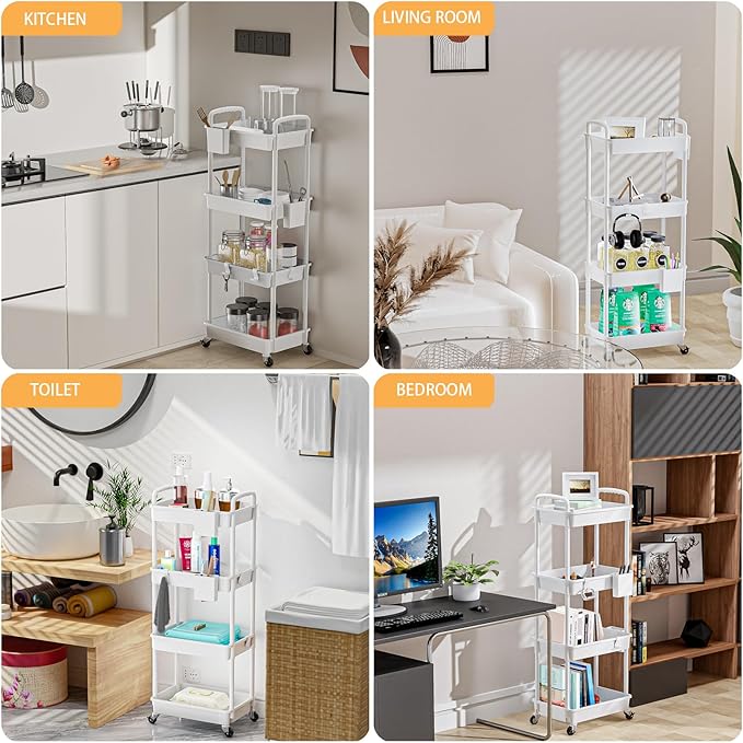 4 Tier Rolling Utility Cart with Handle,REBECAT Utility Cart Made of Multifunctional Storage Organizer Tool for Kitchen,Bathroom,Living Room,Office(White)-NeatNest