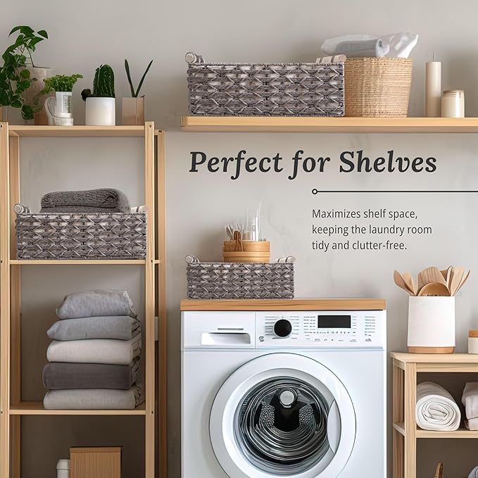 DECOMOMO Toilet Tank Basket, Wicker Storage Bins for Countertop, Toilet Top Organizer, Back of Toilet Basket, Pantry, (Grey, Set of 3)-NeatNest