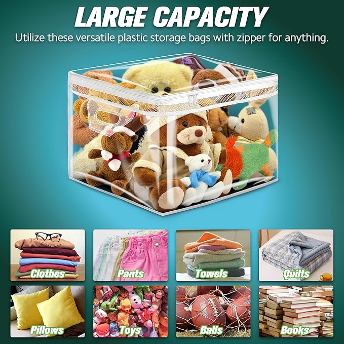 HIBAG 10 Gallon Large Storage Bag for Clothes, Zipper Clothing Storage Bag, Clear Organizer with Reinforced Handles, for Closet and Underbed Storage (4 Pack)-NeatNest