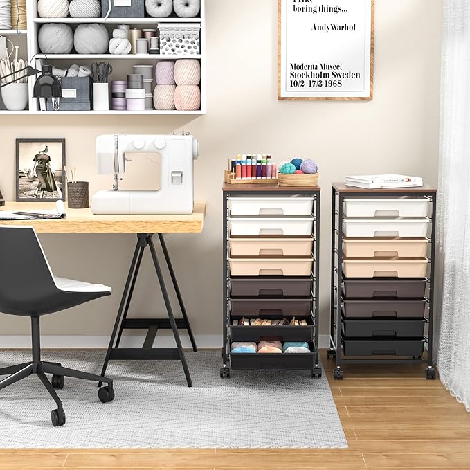 Rolling Carts with Wheels,Utility Cart with 8 Drawers and Wooden Tabletop,Rolling Drawer Cart,Plastic Drawer Storage for Living Room,Classroom,Bedroom,Bathroom,Dorm,Office,Brown
