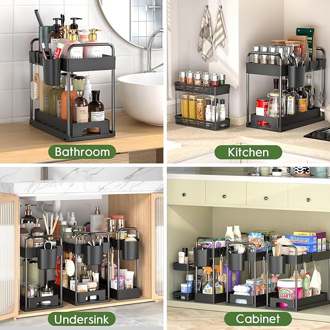 4 Pack Under Sink Organizer and Storage - Stackable 3 Size 2 Tier Bathroom Under the Sink Organizers Multi-Usage Kitchen Cabinet Organizers and Storage Sink Bath Shelf Baskets-NeatNest