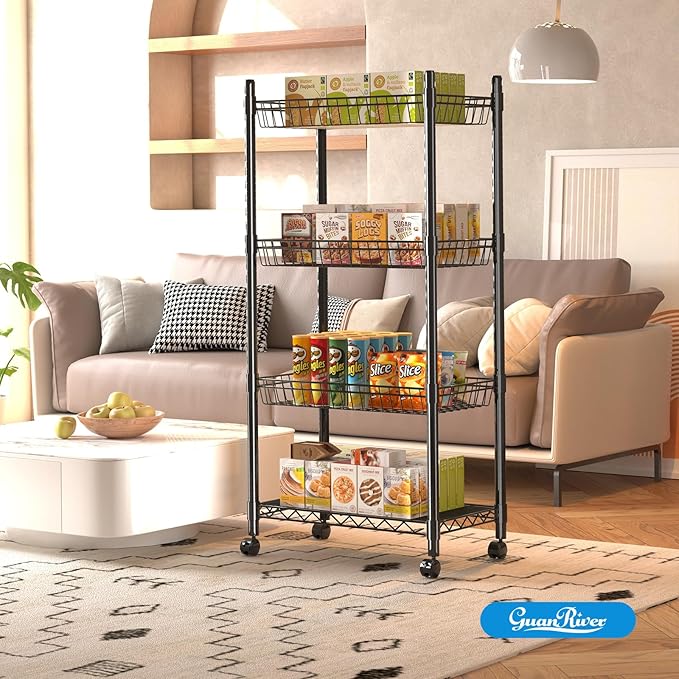 4 Tier Wire Shelving Wire Basket Shelf Storage Cart Adjustable Metal Shelf 2 Bottoms for Choose(Castor or Leveling Feet) for Office,Kitchen,Bedroom,Black(23.23" L x 13.11" W x 49.21" H)
