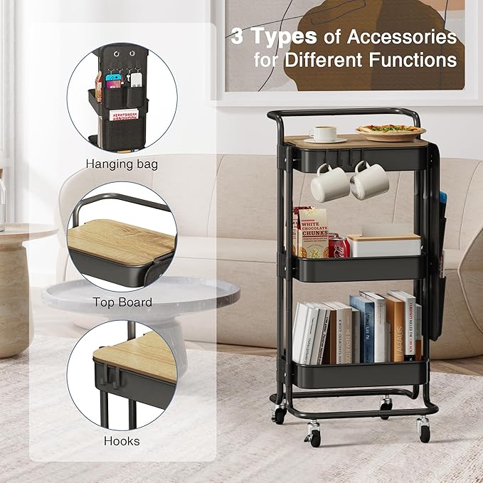 DTK 3 Tier Metal Utility Rolling Cart with Table Top and Side Bags, Tray Storage Organizer Wheels, Art Craft 4 Hooks for Kitchen Bathroom Office Living Room (Black)-NeatNest