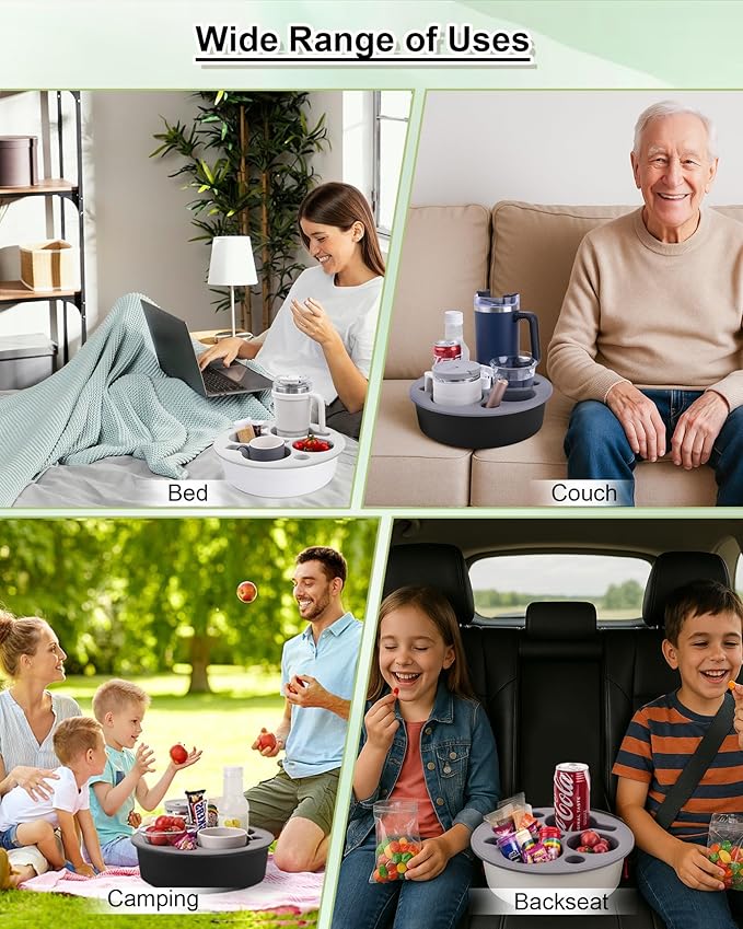 Round 7-in-1 Bed & Couch Cup Holder Tray,Waterproof Silicone Sofa and Bed Organizer Caddy,Large Capacity Couch Drink Holder Caddy for Remote Control Drinks, Snacks, Cell Phones, Headphones-NeatNest
