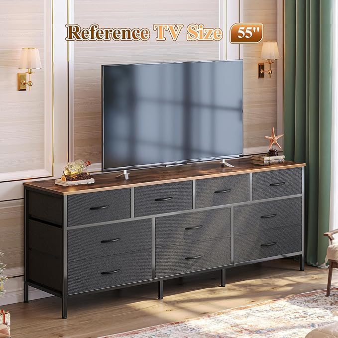 Huuger 63 Inch Dresser for Bedroom, Long Dresser with 10 Fabric Drawers, TV Stand for 55, 65, 70 Inch TV, Toy Storage Organizer for Closet, Rustic Brown and Black-NeatNest