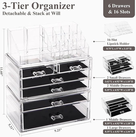 Sea Team 3-Layer Stackable Clear Makeup Organizer with Drawers, Acrylic Plastic Cosmetic Display Case, Jewelry Storage Box for Dresser, Bathroom, Vanity, Countertop (6 Drawers, 1 Lipstick Holder)-NeatNest