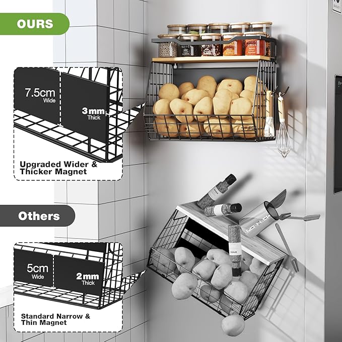 Magnetic Shelf for Fridge with Wider & Thicker Magnet, 1 Pack Refrigerator Organizer Storage Basket for Fruit, Onion, Potato, Spice Rack, Kitchen, Laundry, Pantry (Black, 13.77" x 6.77" x 11.81")