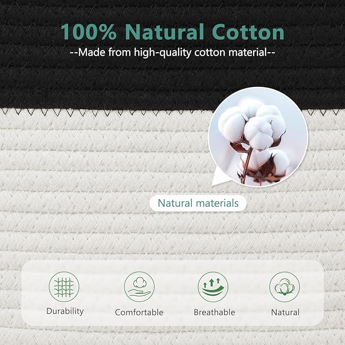 Cotton Rope Storage Basket, 15x10x9 Inches, Woven Basket for Shelves, Clothes, Toys, Towels, Books, and Laundry, Durable and Stylish, Black/ White (1 Pack)-NeatNest