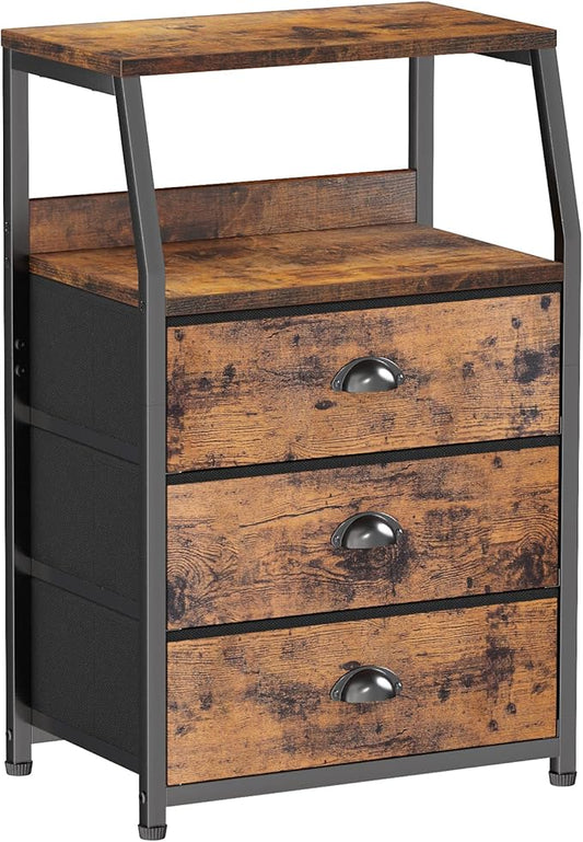 Furnulem Nightstand with 3 Drawers and 2-Tier Shelf, Fabric Small Dresser Organizer Vertical Storage Tower for Bedroom, Closet, Hallway, Nursery, End Table Side Furniture, Sturdy Steel Frame, Wood Top-NeatNest