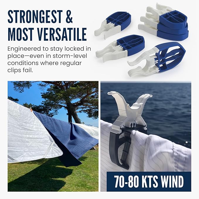 Navy Blue 6-Pack - Storm Proof & Lockable Clothespin - Large Clips fit Lines & Rails - Multi-Purpose Towel Clips for Boat Accessories, Chairs, RV, Camping, Fishing, Stroller, Balcony, Tarps
