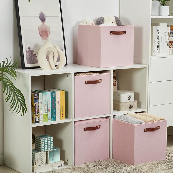 Collapsible Fabric Storage Cube Bins with 2 Reinforced PU Handles, Foldable Storage Organizer Baskets for Closet, Shelves, Living Room | 13"x13"x13", 4 Pack, Full Pink-NeatNest