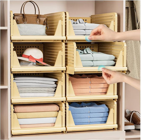5 Pack Stackable Closet Storage Basket - Stackable Storage Bins, Multifunctional & Foldable Closet Organizer, Wardrobe Cupboard Space-Saving Hat Storage Drawer Organizer, Yellow-NeatNest
