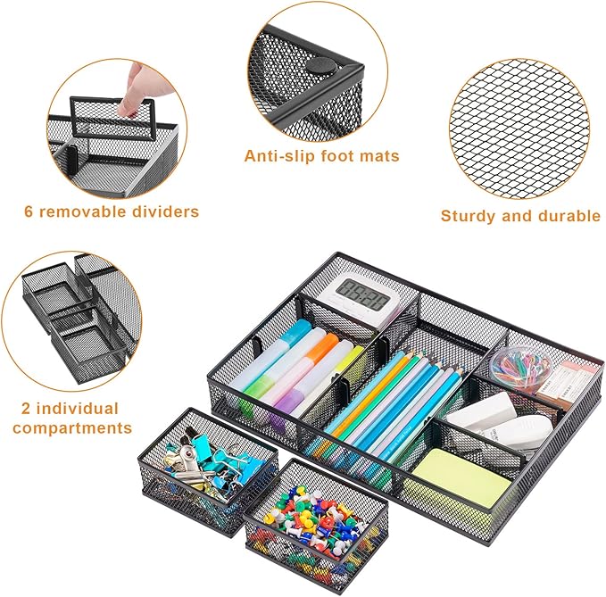 Marbrasse 3 Packs Desk Drawer Organizers, Metal Mesh Dividers Desk Drawer Organizer Tray with 9 Adjustable Compartments, Pen Organizer for Drawer Tray Box Accessories for Desktop,Kitchen, Makeup-NeatNest