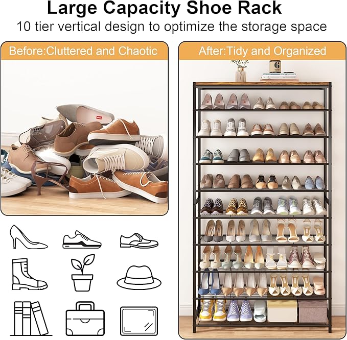 HOMEFORT 10 Tiers Shoe Rack Organizer,39.4" Shoe Storage Shelf for Closet, Shoe Rack for Entryway,Holds 45-50 Pairs of Shoe, Tall Shoe Stand with Metal Shelves and MDF Top Board,Rustic Brown-NeatNest